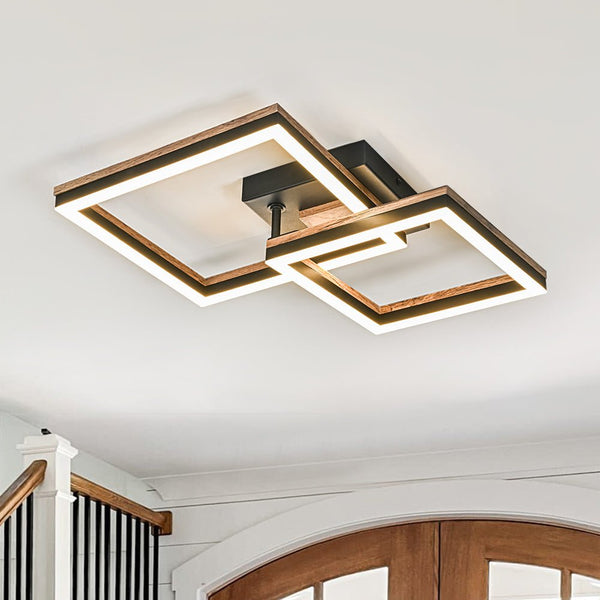 IP20 Square LED Modern Farmhouse Walnut Wood Grain Flush Mount
